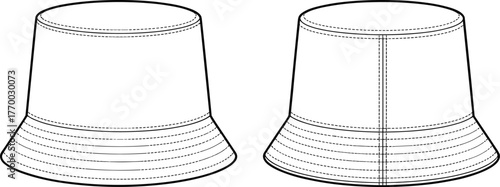 Bucket hat front and back technical sewing flat template with circular brim top stitch lines apparel accessory mockup for fashion, cad drawing flat vector illustration