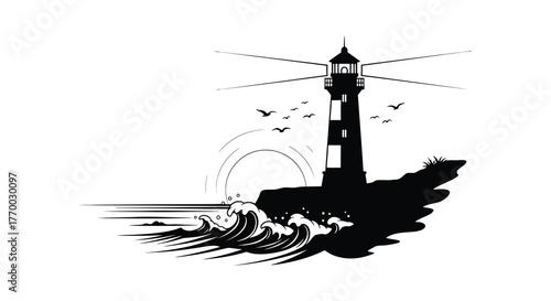 Dramatic silhouette of a tall lighthouse standing on a rocky cliff overlooking a turbulent ocean with crashing waves and circling birds at sunset silhouette