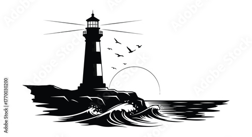 Dramatic black silhouette of a tall lighthouse standing on a rocky cliff overlooking a stormy sea with waves and flying birds silhouette