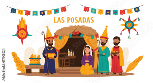 Las Posadas scene Mary kneeling before three men beneath a thatchedroof structure festive banners  decorations above
