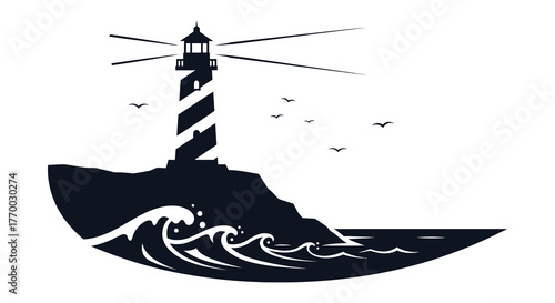 Dramatic lighthouse standing tall on a rocky cliff overlooking the ocean with crashing waves and flying birds in silhouette