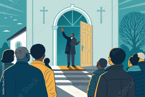 Joyful pastor warmly welcoming diverse parishioners, entering bright, welcoming church doors.