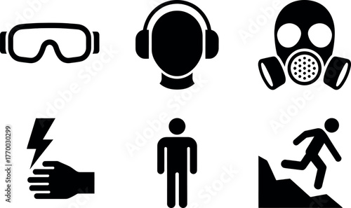 Set of six black and white safety and hazard icons for workplace protection and risk prevention vector