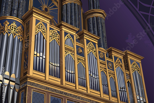 Detailed close-up view of polished organ pipes, capturing intricate metal textures and mesmerizing flat light reflections, evoking a sense of majestic musicality and historical grandeur.