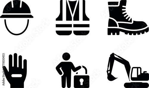 Set of six black and white safety and construction icons featuring hard hat vest boot glove lock and excavator vector
