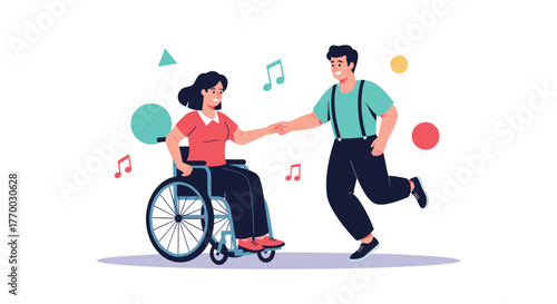 A joyful man and a woman in a wheelchair hold hands and dance together, celebrating movement and inclusivity.