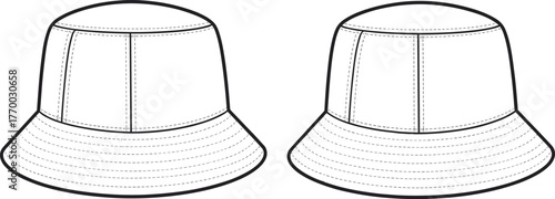 Bucket hat technical flat with panel seams and topstitch brim front and back minimal accessory template for apparel mockup, cad drawing flat vector illustration
