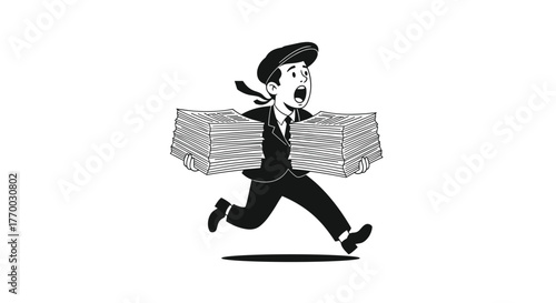 An overwhelmed newsboy or office worker races against time, frantically carrying large stacks of documents with a look of surprise and urgency.