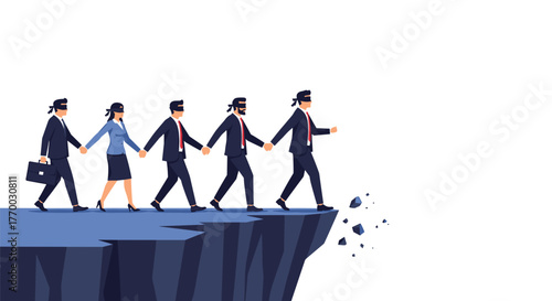Blindfolded business people holding hands walk off a crumbling cliff, illustrating risks, poor leadership, and collective unawareness in a corporate setting.