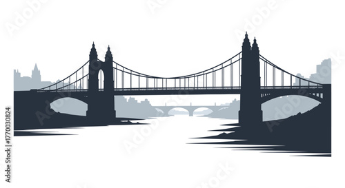 Iconic suspension bridge spanning a river with distant city skyline in a striking silhouette style