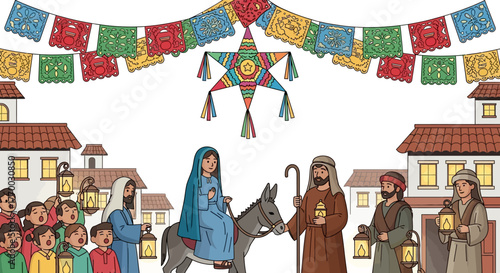 Nativity procession scene under colorful papel picado  a piñata