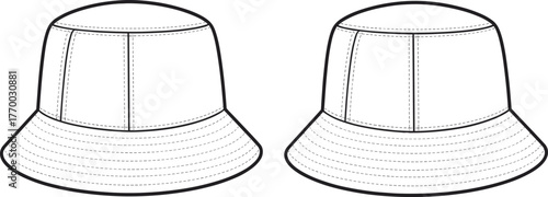 Bucket hat technical flat with vertical panel seams and multi topstitch brim front and back blank accessory template for apparel mockup, cad drawing flat vector illustration