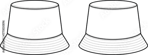 Bucket hat technical fashion flat front and back with topstitch brim minimal blank template for apparel mockup, cad drawing flat vector illustration