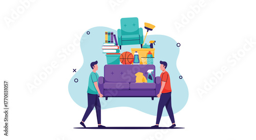 Two individuals carefully transport a sofa piled high with books, cleaning supplies, and other belongings during a home move.
