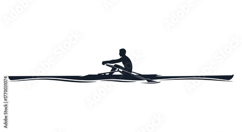 Single scull rower in action during a race captured in a striking black and white silhouette against a clean white background
