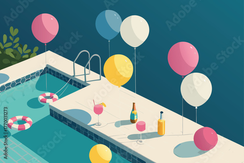Vibrant poolside party, guests relax, swim, dance, bright balloons float, music plays, laughter, sunshine, refreshing drinks, a joyous, energetic summer celebration.