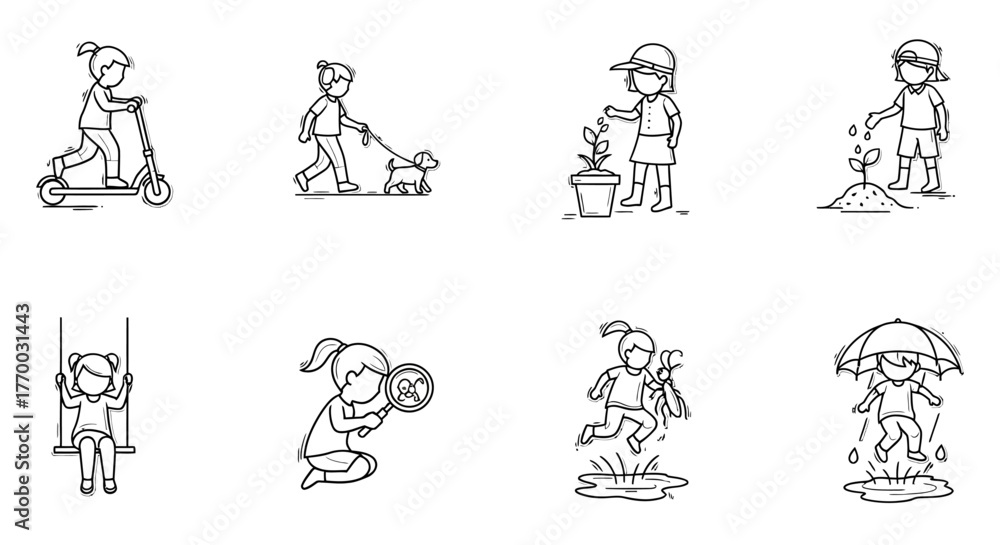 Naklejka premium line art of happy children playing exploring and enjoying nature depicting joyful childhood outdoor activities.