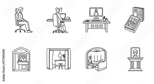 modern flexible office hybrid work icons ergonomic chairs private pods video calls desk setups productivity.