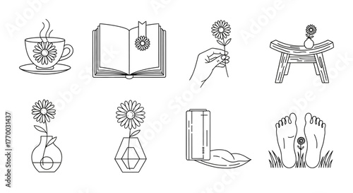 minimalist daisy flower line art icons illustrating nature relaxation and simple pleasures for cozy lifestyle and wellness designs.
