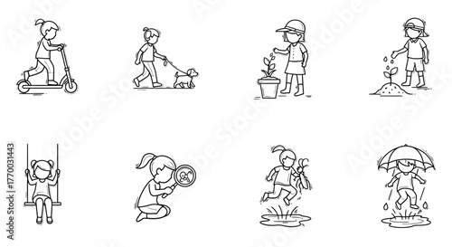 line art of happy children playing exploring and enjoying nature depicting joyful childhood outdoor activities.