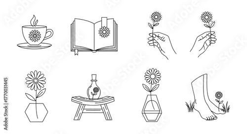 minimalist daisy line art illustrations depicting self-care nature and relaxation ideal for serene lifestyle content and wellness designs.