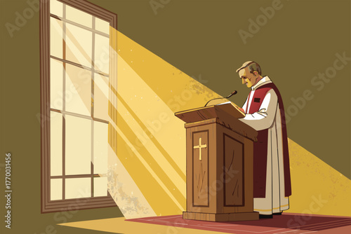 Priest in robes, giving a sermon from a carved wooden pulpit, bathed in warm, ethereal sunlight, dusty rays, reverent atmosphere, sacred space, spiritual moment, sermon delivery, religious service.