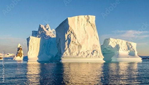 Majestic icebergs float serenely in the cold Antarctic waters under a clear sky, reflecting the golden light of the setting sun, offering a stunning view of nature's beauty and icy grandeur