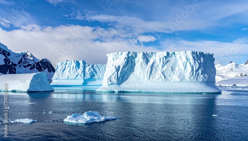 Breathtaking Antarctic landscape with majestic icebergs floating in the serene ocean under a clear blue sky, showcasing the raw beauty and pristine environment of the polar region