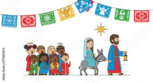 Nativity scene Mary on a donkey Joseph with a lantern children carol beneath festive paper decorations  a star
