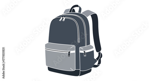 A twotoned grey backpack with zippered pockets and straps sitting on a white background
