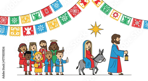 Nativity scene Mary on donkey Joseph with lantern choir Festive banners  star above