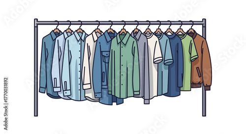 A clothing rack displays various shirts and a jacket in different colors