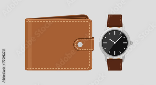 A brown leather wallet and a wristwatch are depicted sidebyside
