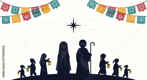 Nativity scene Silhouetted figures including Mary Joseph children holding lanterns under a star and colorful bunting