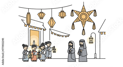 Nativity scene with carolers Mary Joseph illuminated lanterns and a piñata conveying a festive religious celebration