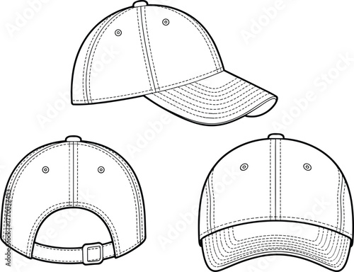 Blank baseball cap front back side technical template adjustable curved brim mockup fashion headwear outline sewing detail cad drawing flat vector illustration