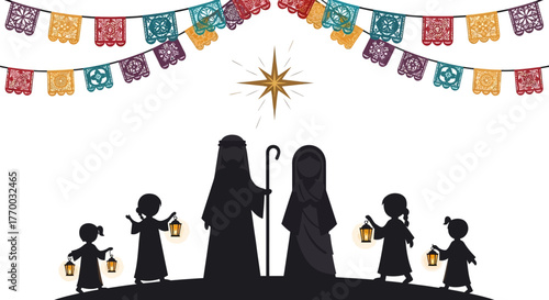 Nativity scene with Joseph Mary children with lanterns under papel picado and star