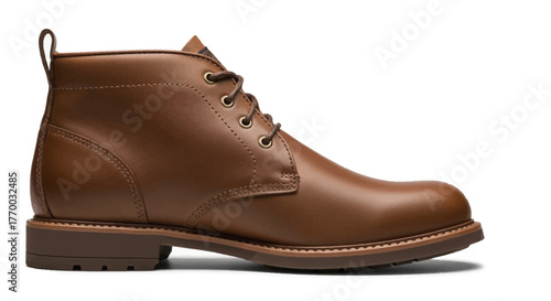 A brown leather ankle boot with laces showcasing stitching details and a sturdy sole