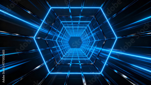 Blue Hexagonal Tunnel with Dynamic Light Streaks in Futuristic Style