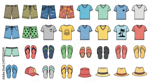 The image depicts a collection of summer apparel items including shorts tshirts sandals and hats arranged in rows