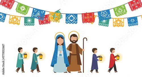 Nativity scene with Mary Joseph children carrying lanterns and colorful paper banners