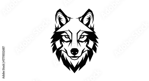 Majestic wolf head logo design in black and white isolated on a simple background