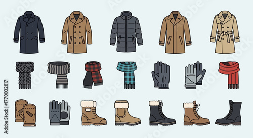 Winter wear featuring coats scarves gloves mittens and boots arranged neatly