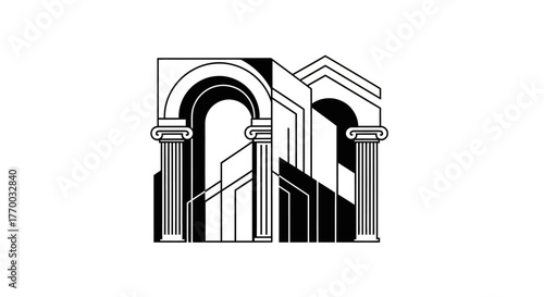 Elegant architectural geometric design featuring neoclassical columns and archways in monochrome