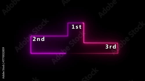 Glowing neon winner podium with 1st, 2nd, and 3rd place icon animation with magenta color on a black background.1st 2nd and 3rd place markers against a dark background winner victory.