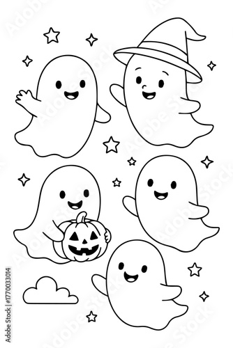 Cartoon Ghosts with Pumpkin and Witch Hat in Black and White Outline.