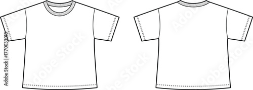 Blank kids t-shirt fashion flat front and back apparel mockup outline sewing detail technical sketch vector template cad drawing flat vector illustration