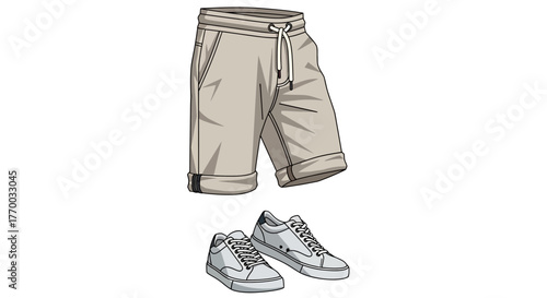 Cartoon shorts  shoes Lightgrey shorts with drawstrings above lightgrey sneakers on white