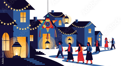 Night scene with people carrying candles walking past houses decorated with lights  lanterns Pinata hangs above
