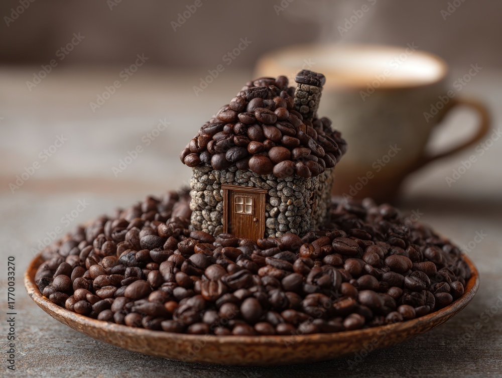 Fototapeta premium Coffee bean tiny house on saucer surreal foodhome concept